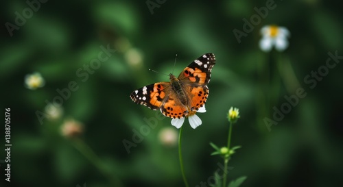 Painted Lady Butterfly on a Delicate White Flower in Lush Green Meadow