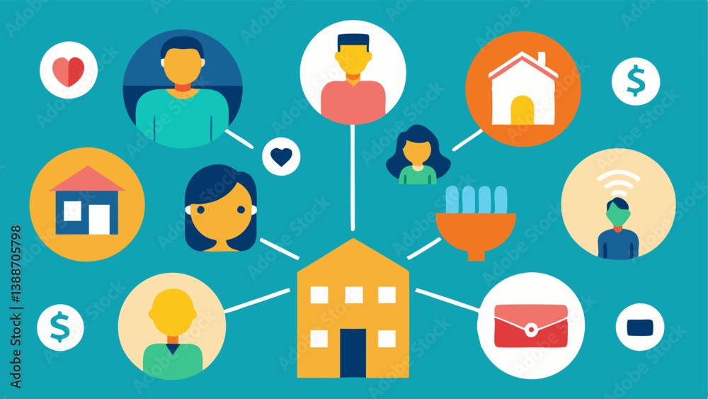 Community Sharing An illustration of people sharing tools and resources in a community setting promoting the idea that sharing reduces consumption and fosters financial Community Sharing An illustration of people sharing tools and resources in a community setting promoting the idea that sharing reduces consumption and fosters financial