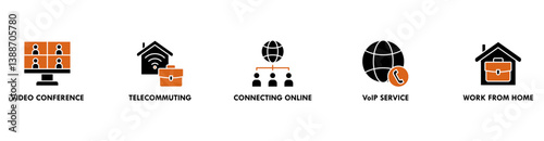 Remote working banner web icon vector illustration concept for working at home with icon of video conference, telecommuting, connecting online, VoIP, and working from home