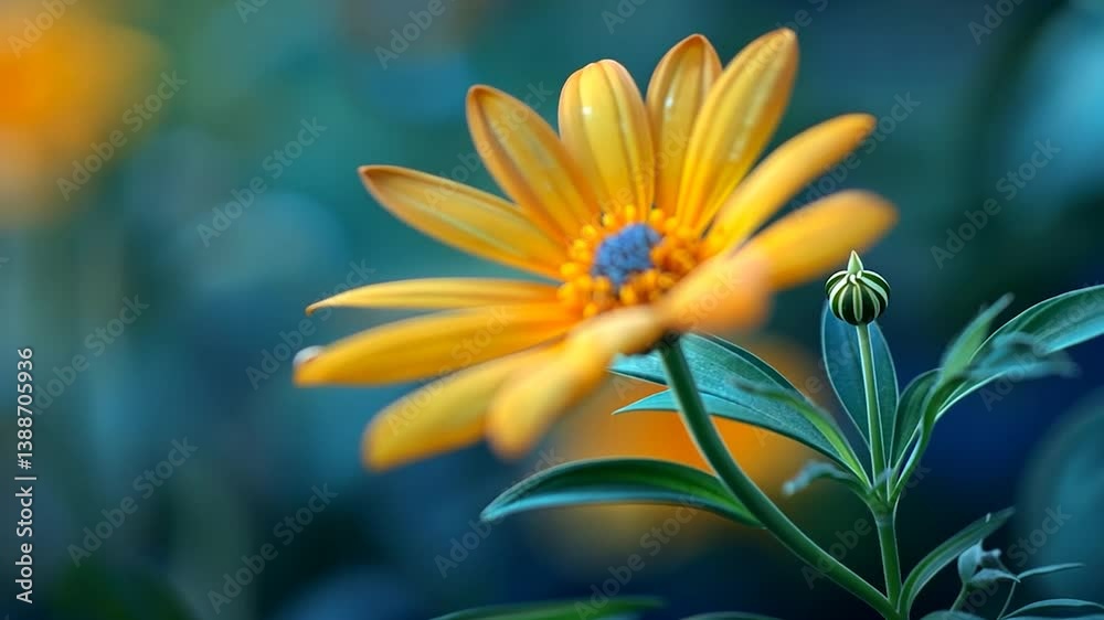 Vibrant Yellow Flower in a Teal Garden