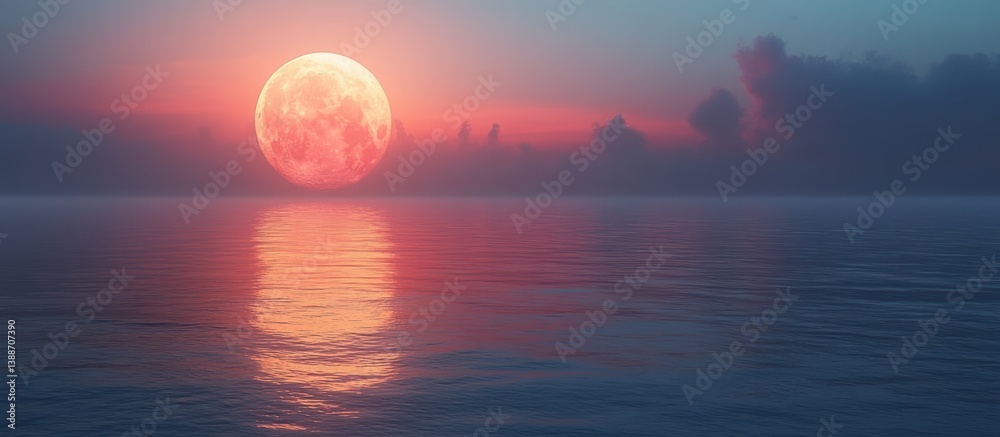 Fototapeta premium Pink Moon over Calm Ocean at Sunset