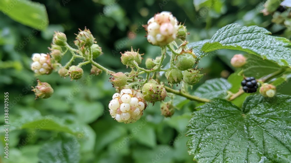 20.A serene image of a wet blackberry bush during the flowering season, with delicate white flowers and the first tiny, unripe green berries beginning to form, set in an orchard surrounded by misty