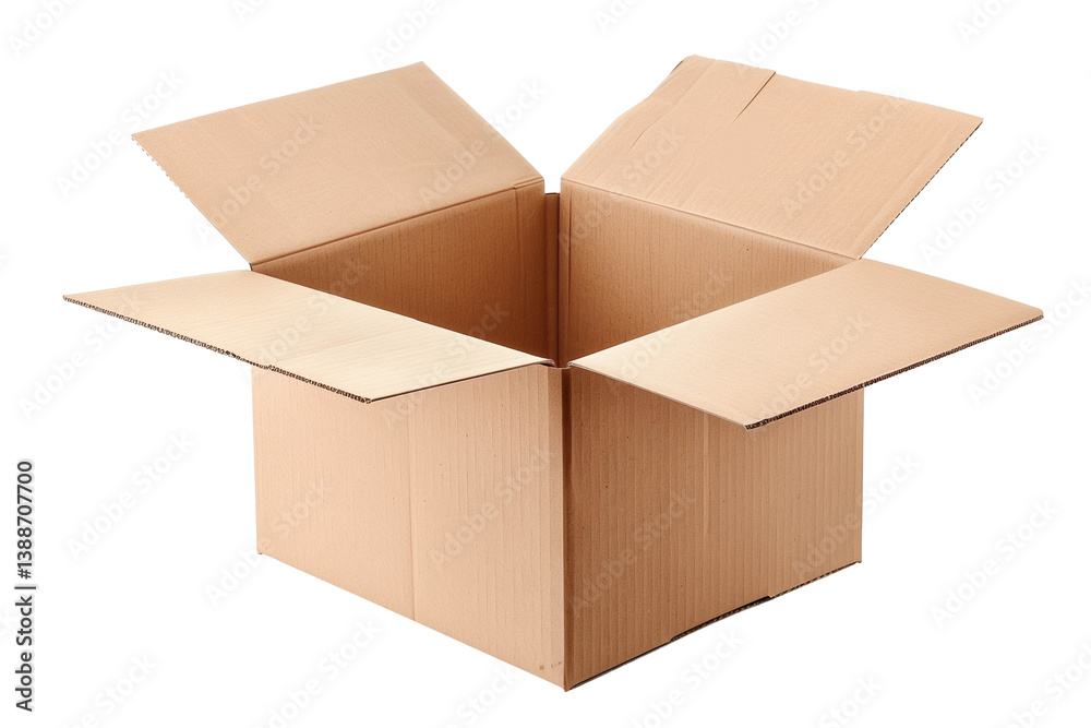 Open brown packing cardboard box isolated on white background png transparent clipart.