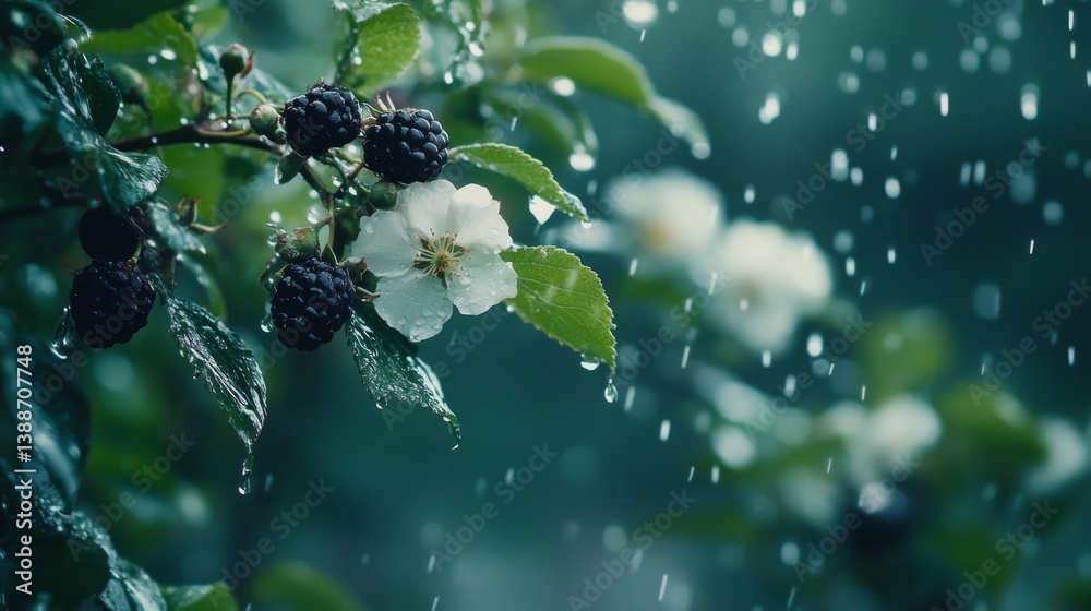 Fototapeta premium 23.A tranquil view of a blackberry orchard with blooming flowers and the appearance of unripe berries on a wet bush, droplets of water glistening on the leaves and berries, symbolizing the early