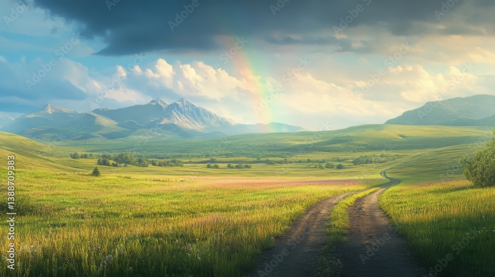Obraz premium 67.Concept 2: Amazing scene in summer mountains. Lush green grassy meadows in fantastic evening sunlight. Rural road and beautiful rainbow in dramatic sky