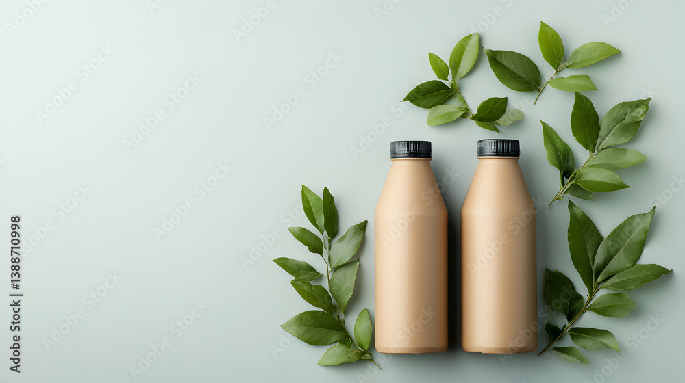 Two Kraft Bottles with Green Leaves on a Light Green Background Two Kraft Bottles with Green Leaves on a Light Green Background
