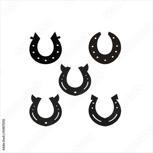 A collection of five horseshoe silhouettes arranged on a white background plane