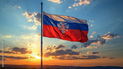 Flag waving against a sunset sky
