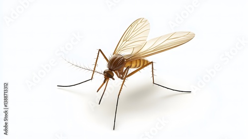 Close up photo of a mosquito with wings and limbs clearly visible on a white background