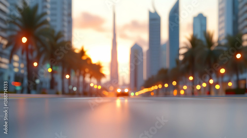 Blurred City Sunset Road with Palm Trees and Skyscrapers