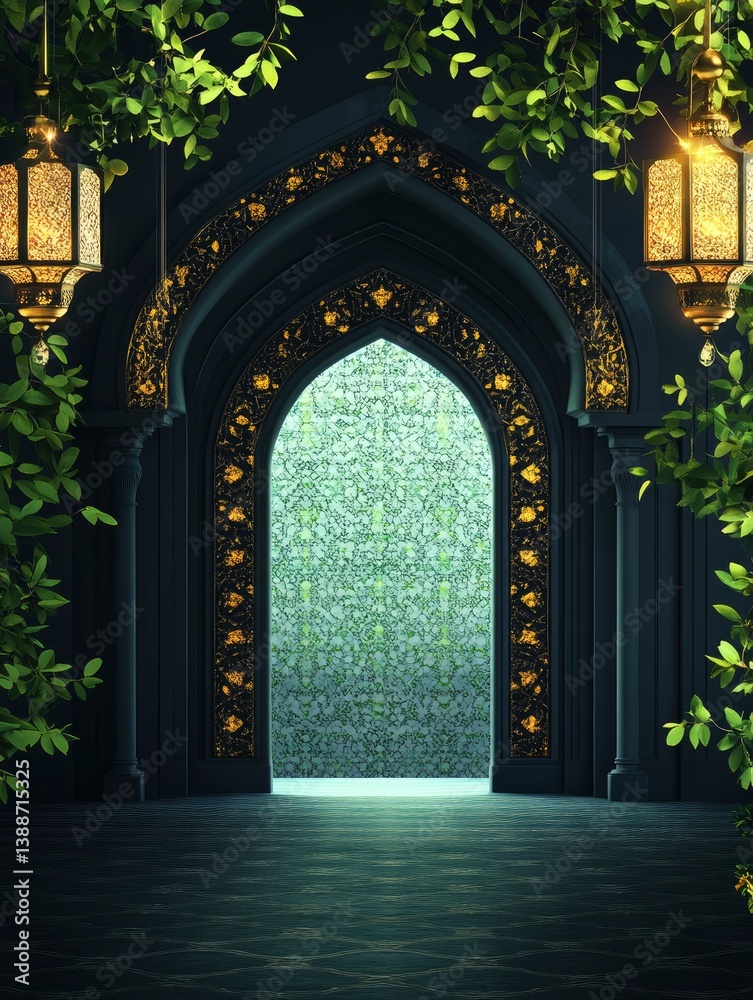 Fototapeta premium Entering Grand Arched Doorway with Ornate Details and Hanging Lanterns