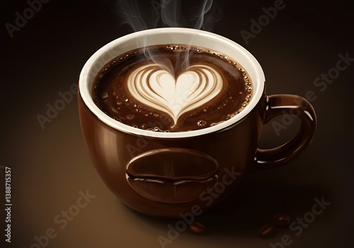 Enjoying Hot Coffee Cup with Heart Latte Art and Steaming Aroma