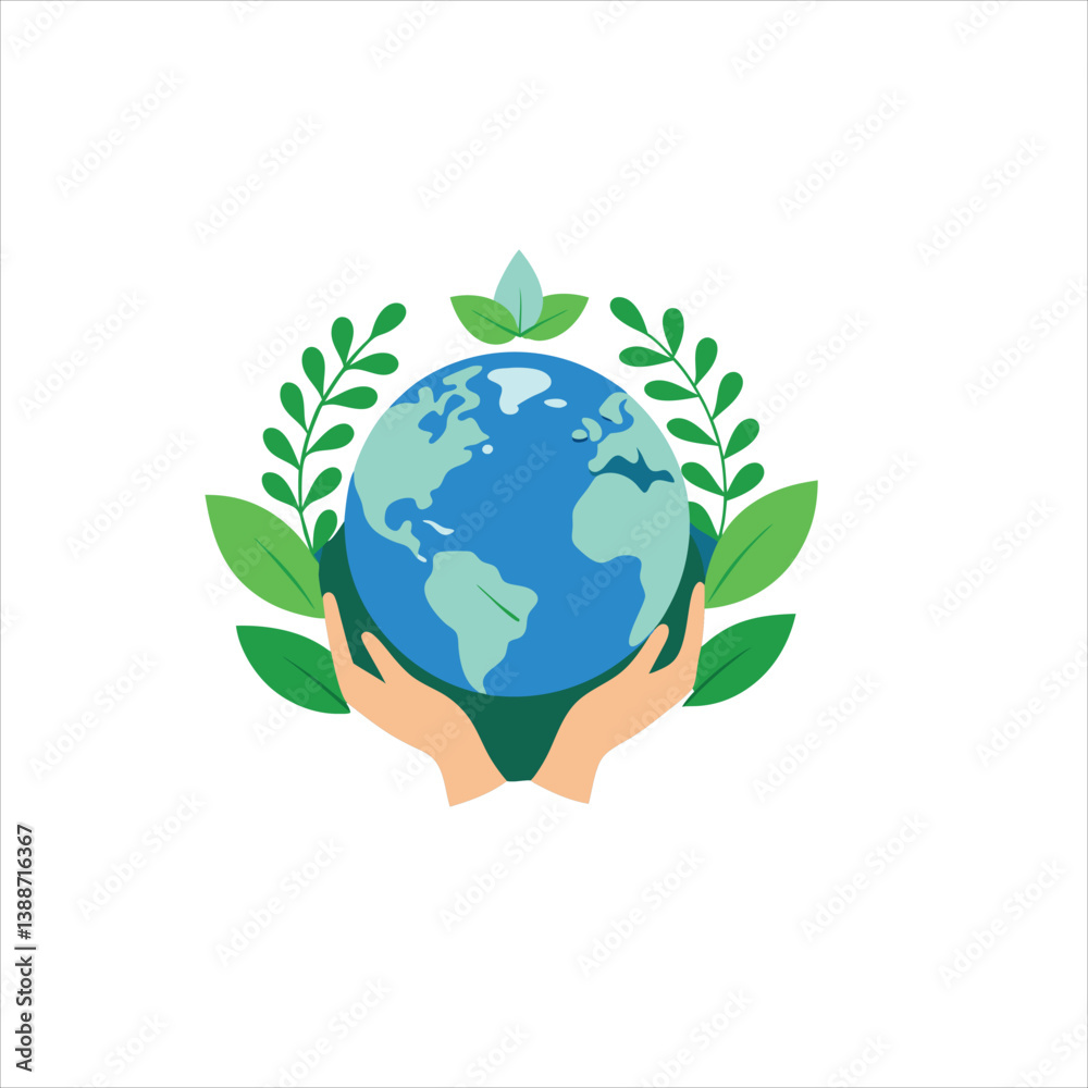 Fototapeta premium Earth globe held by hands surrounded by green leaves on a white background