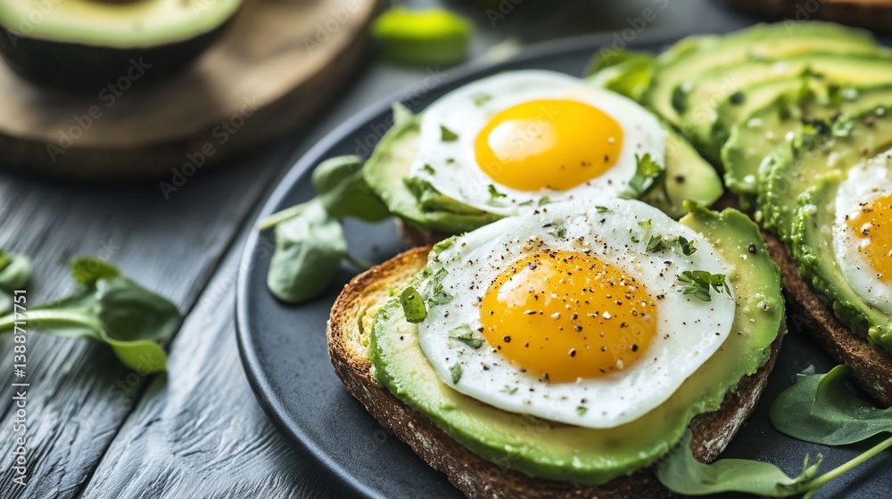 Avocado Toast with Fried Eggs and Spinach Garnish Avocado Toast with Fried Eggs and Spinach Garnish