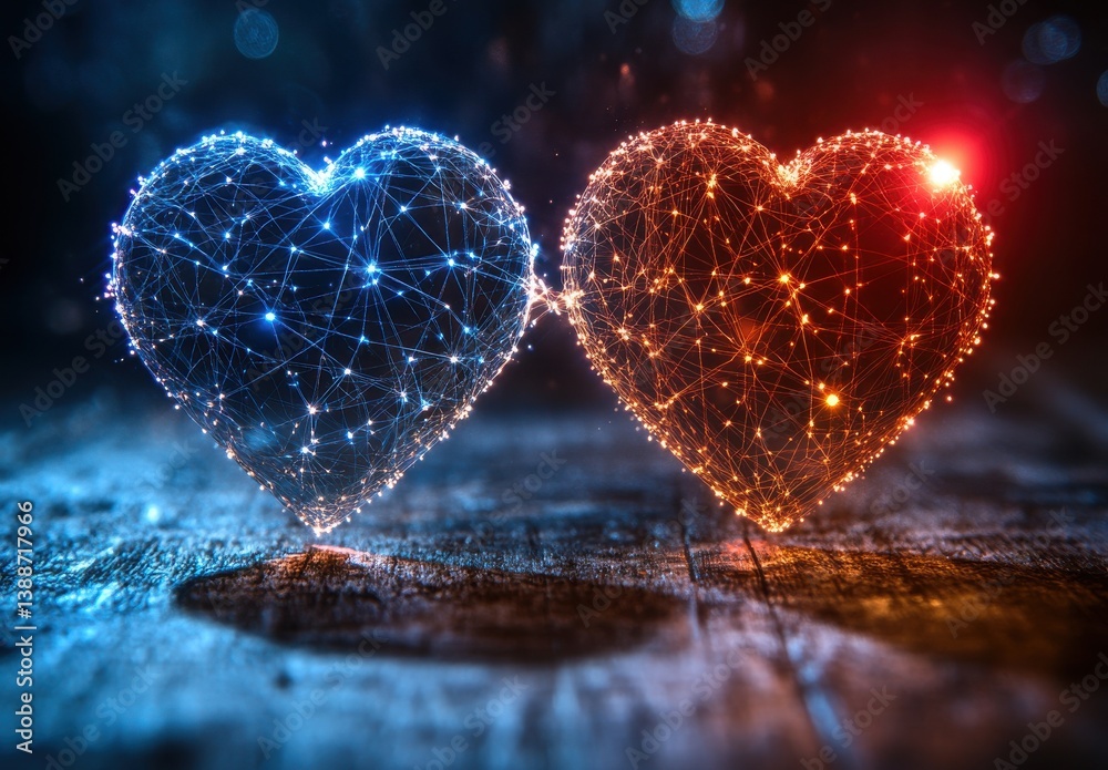 Fototapeta premium Two hearts are lit up with blue and red lights