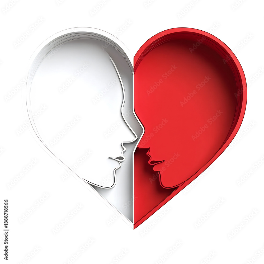 Red and white heart symbolizes unity two profiles gently caress. AI Generated Red and white heart symbolizes unity two profiles gently caress. AI Generated