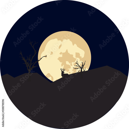 Fun Halloween Spooky Night Scene with full moon and deer on horizontal black background.