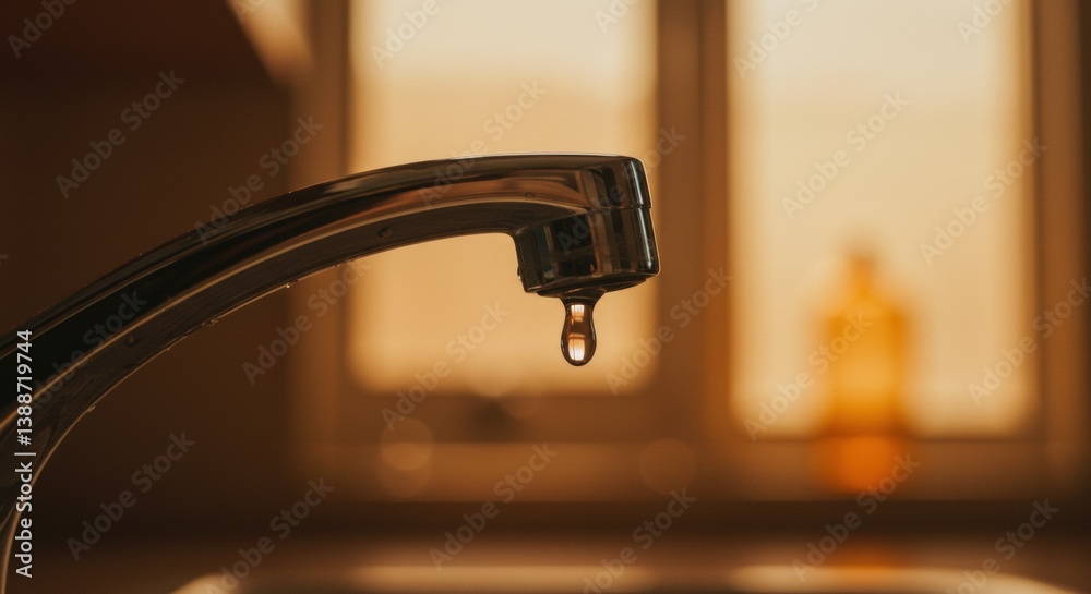 Leaky Faucet: Water Droplet, Chrome Fixture, Warm Light, Window Reflection, Kitchen Sink. Leaky Faucet: Water Droplet, Chrome Fixture, Warm Light, Window Reflection, Kitchen Sink.