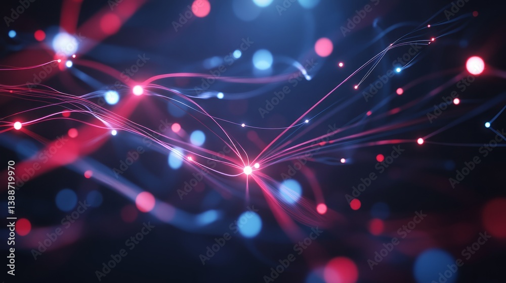 Fototapeta premium Abstract digital network with glowing nodes, symbolizing data flow and connectivity in a dynamic 3D space. 