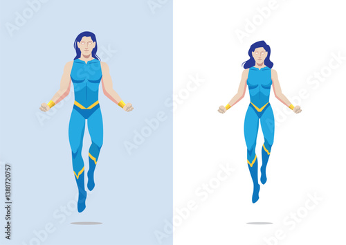 superhero couple male and female in blue costume floating show strength template to be customized