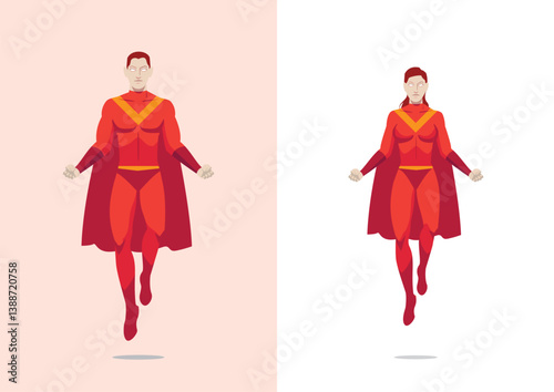 superhero couple male and female in red costume and robe floating show strength template to be customized