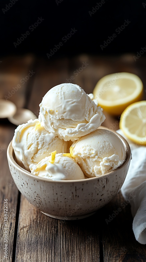 Scoops of lemon ice cream with fresh lemons on wooden background