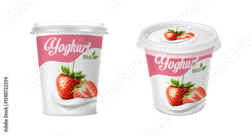 3d realistic vector icon illustration set. Creamy yogurt container for packaging. Strawberry Greek Yogurt.