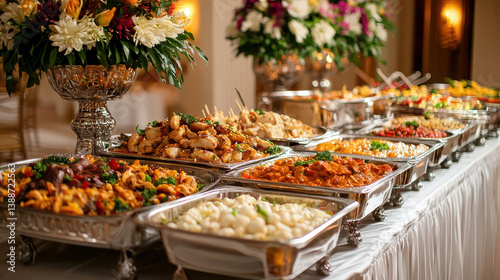 vibrant Indian catering platter featuring variety of delicious dishes, beautifully arranged for event