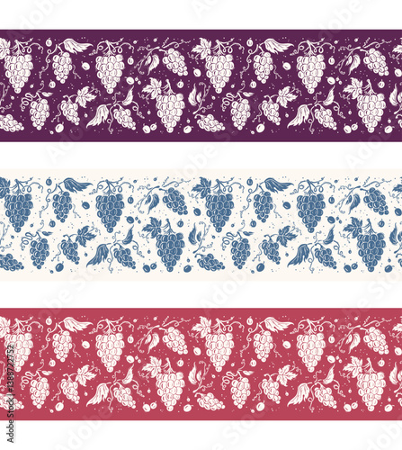 Vector Set of Grapevine Seamless Horizontal Border Patterns. Grapes with Leaves and Tendrils. Different varieties of grapes. Hand-drawn Illustration
