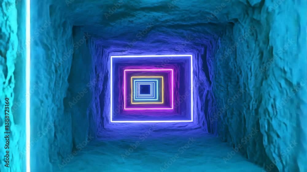 Futuristic neon square tunnel inside rocky walls, featuring glowing colorful lights and infinite perspective, symbolizing technology, exploration, sci-fi, and digital fantasy.

