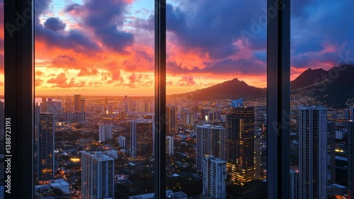 Spectacular Sunset over Honolulu Cityscape from High-Rise Window