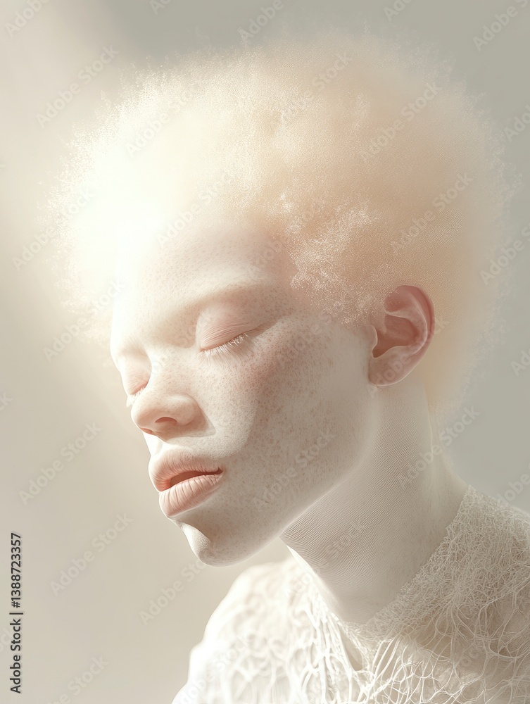 Albino Woman with Eyes Closed in Serene Portrait Bathed in Light Albino Woman with Eyes Closed in Serene Portrait Bathed in Light