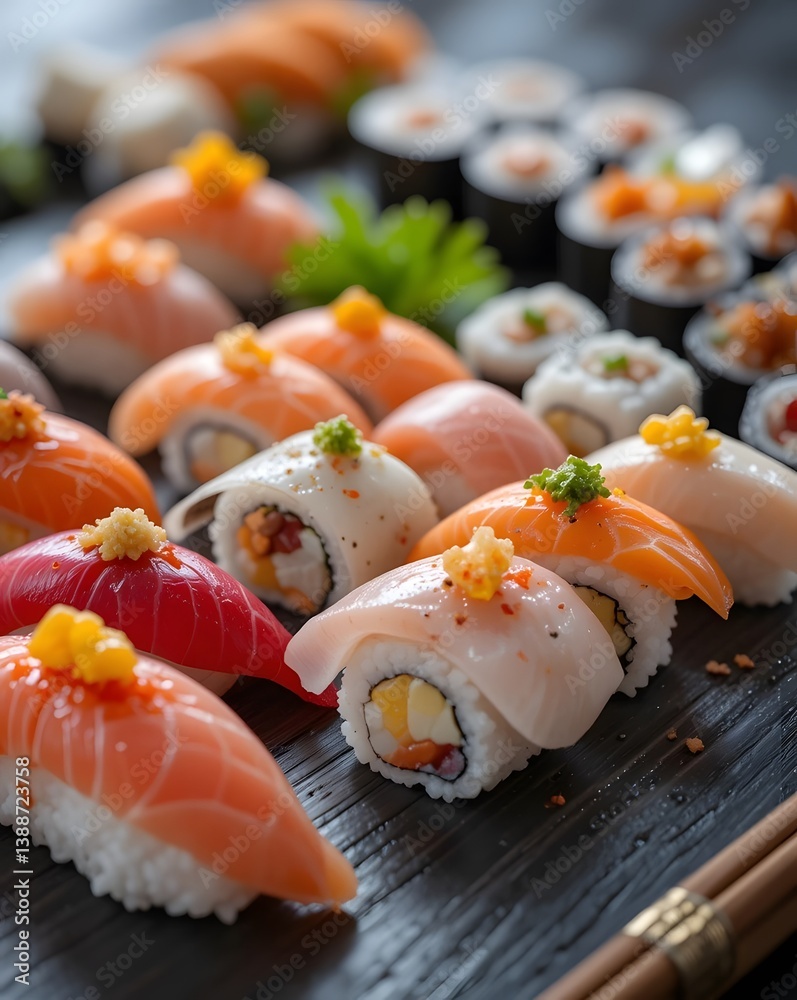 Close-up of assorted Japanese food pieces arranged on a rustic wooden board with chopsticks, dark blurred background, perfect for food advertising, menus, and social media visuals Close-up of assorted Japanese food pieces arranged on a rustic wooden board with chopsticks, dark blurred background, perfect for food advertising, menus, and social media visuals