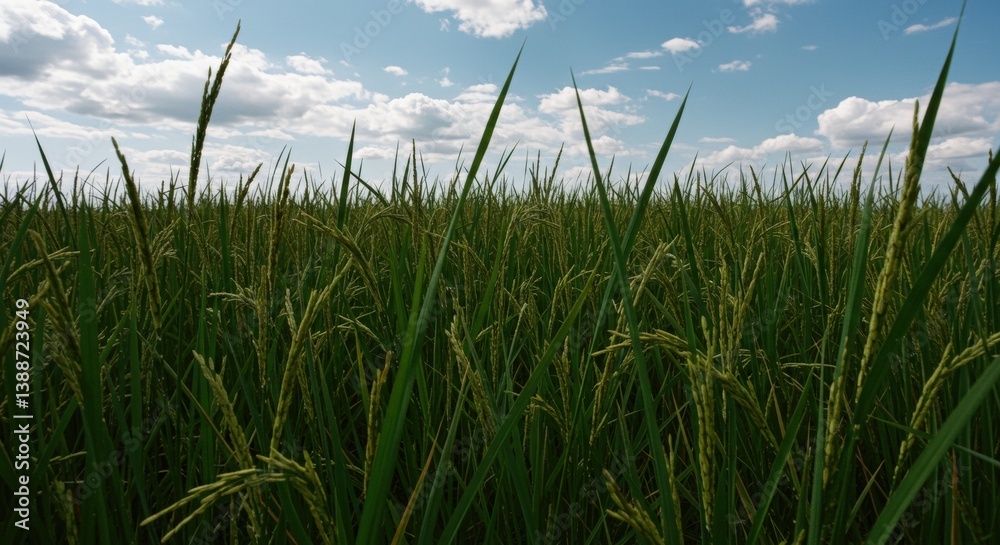 Fototapeta premium Lush Green Rice Paddy Under a Partly Cloudy Blue Sky, Rural Agriculture Landscape