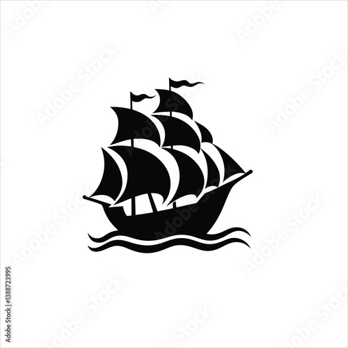 A black silhouette of a sailing ship with multiple sails on a white background