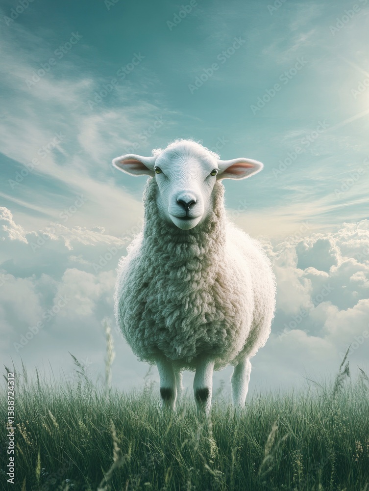 Fototapeta premium Standing Sheep in Grassy Field with Sky and Clouds Background