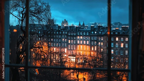 Night View of Edinburgh Cityscape from a Window