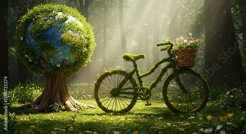 Earth Tree and Moss Bicycle in a Sunny Forest Meadow
