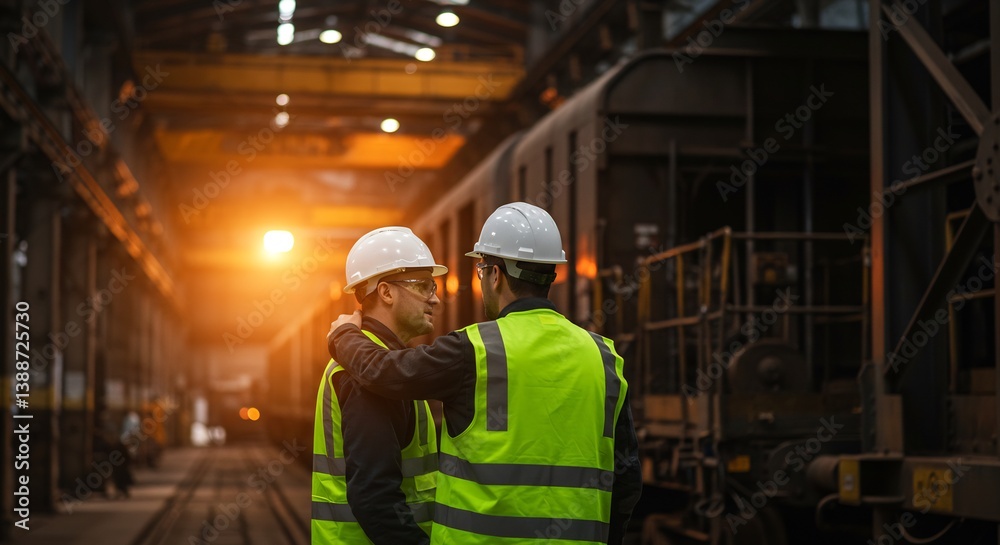 Two Male Engineers in Hard Hats and Safety Vests Collaborate in an Industrial Factory Setting Two Male Engineers in Hard Hats and Safety Vests Collaborate in an Industrial Factory Setting