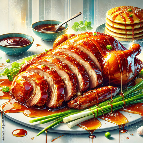 A beautifully arranged plate features succulent roasted duck drizzled with savory sauce alongside fluffy pancakes and fresh green onions. A culinary delight perfect for sharing