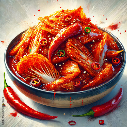 A colorful bowl filled with spicy kimchi made from crisp napa cabbage and topped with red chili peppers and sesame seeds. The dish highlights Korean cuisine's bold flavors