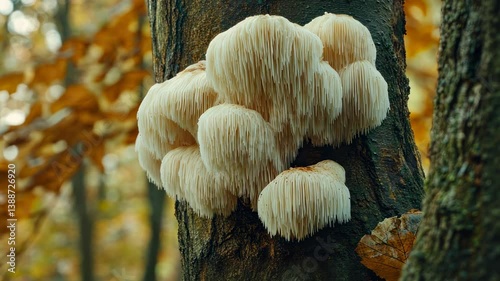 Majestic Lion's Mane Mushrooms Growing on a Tree Trunk in an Autumn Forest