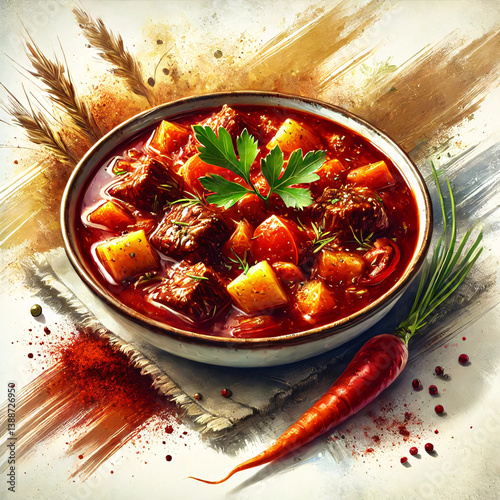 A hearty stew featuring tender beef chunks, diced potatoes, and colorful vegetables garnished with fresh herbs. The bowl sits on a textured surface with vibrant spices nearby