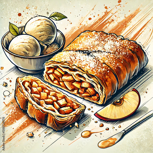 A delectable apple strudel is artfully presented with a generous scoop of vanilla ice cream