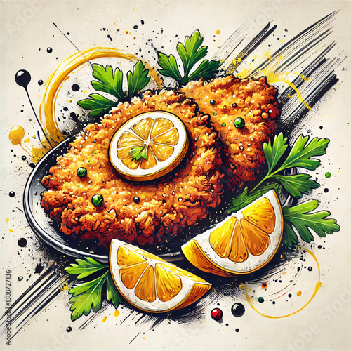 A beautifully presented fried fish fillet features a crispy coating, garnished with lemon slices and fresh herbs, served on a decorative plate with colorful accents