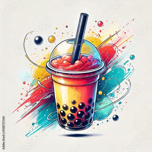 A clear cup filled with bubble tea showcases vibrant colors, topped with whipped cream and a straw. This artistic representation emphasizes the drink's playful nature
