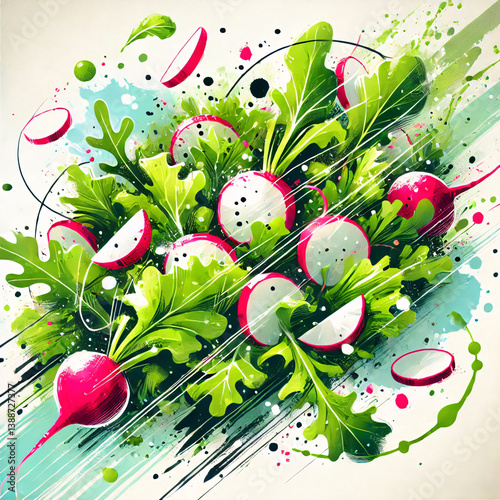 A colorful arrangement features freshly picked radishes surrounded by vibrant green leaves, enhanced with artistic splashes of paint. This lively composition celebrates fresh produce