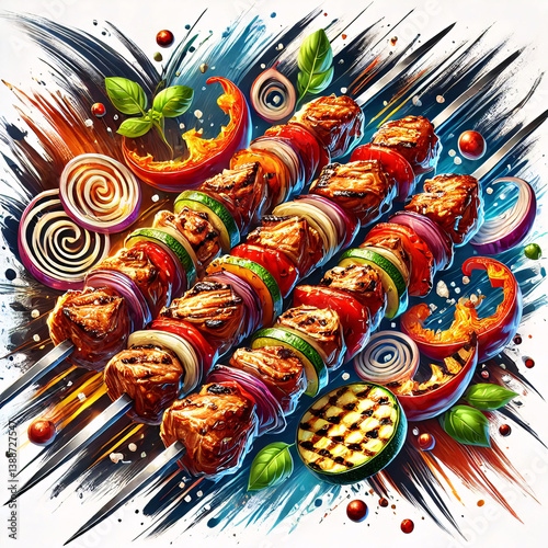 Colorful skewers of grilled meat and vegetables are arranged artistically, showcasing fresh ingredients with a burst of colors in the background, capturing the essence of culinary delight
