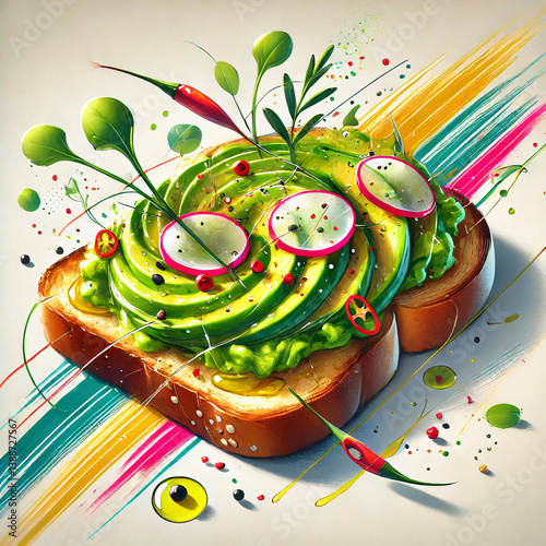 Vibrant avocado toast is artistically arranged with decorative toppings like sliced radishes and sprigs of herbs, showcased on a wooden surface