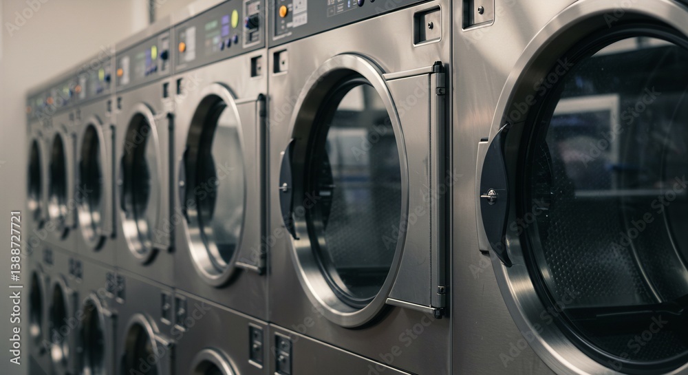 Row of Industrial Stainless Steel Commercial Washing Machines in a Modern Laundromat Row of Industrial Stainless Steel Commercial Washing Machines in a Modern Laundromat